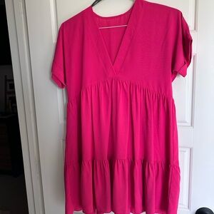 Vibrant Pink V-Neck Tiered Dress